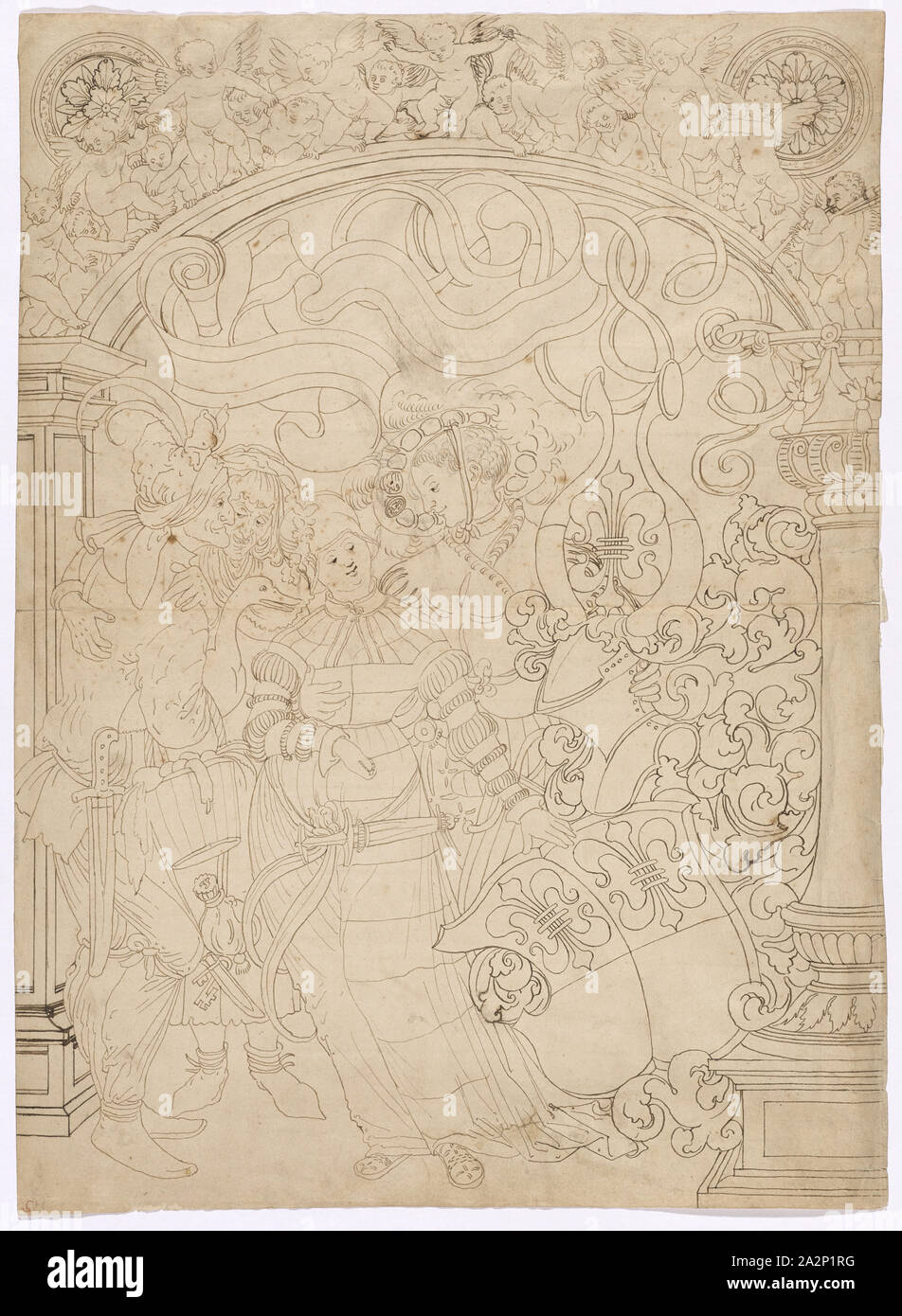 Vetro rotto con giovani e vecchi giovane e stemma Schweiger, nella foto in alto PUTTI DANZANTI, giù in marrone, in luoghi in nero marrone, foglio: 43,8, 44,4 x 31,9 cm, non segnato, Anonym, Schweiz, 1. Hälfte 16. Jh., Carl von Aegeri, (Umkreis / Circle), 1510/1515-1562 Foto Stock