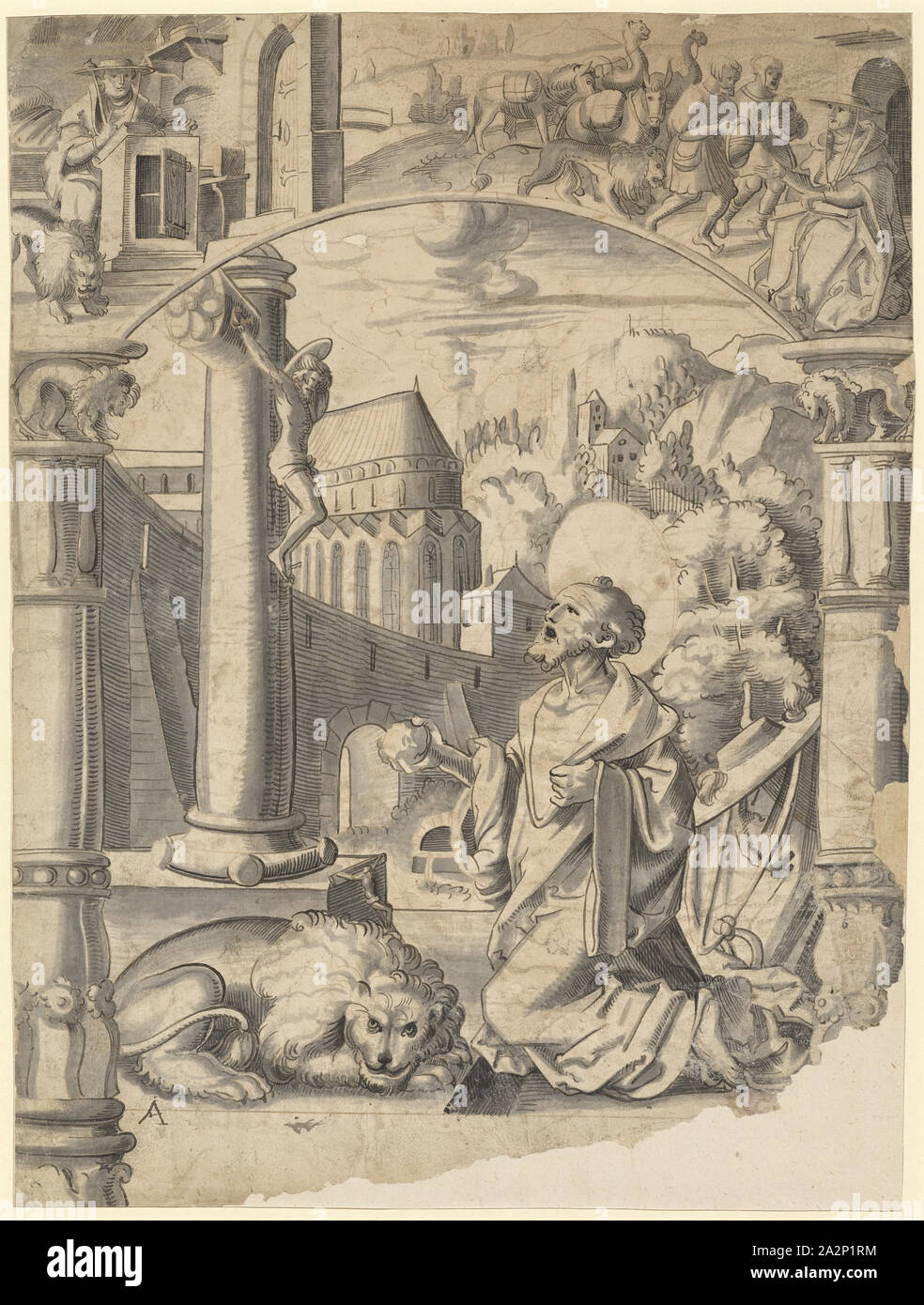 Lacrima di fetta con gli autobus della hl., Hieronymus, nella foto in alto le scene della vita del santo, giù in nero e marrone chiaro, grigio lavato, laminato foglio: 42,7 x 31,8 cm, 32,4 cm, unsigned, Anonym, Schweiz, 1. Hälfte 16. Jh., Balthasar Han, (?), Basilea 1505-1578 Basel Foto Stock