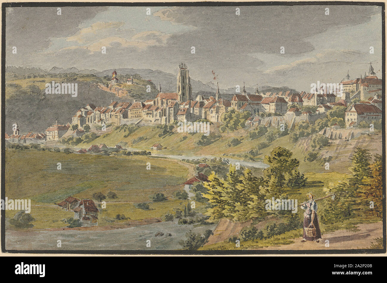 Vista di Freiburg i., scultura, acquerello su una matita a linea singola bordatura rettangolo, foglio: 8,6 x 13,1 cm, non segnato, Achille Bentz, Dietikon 1766-1852 Basel Foto Stock