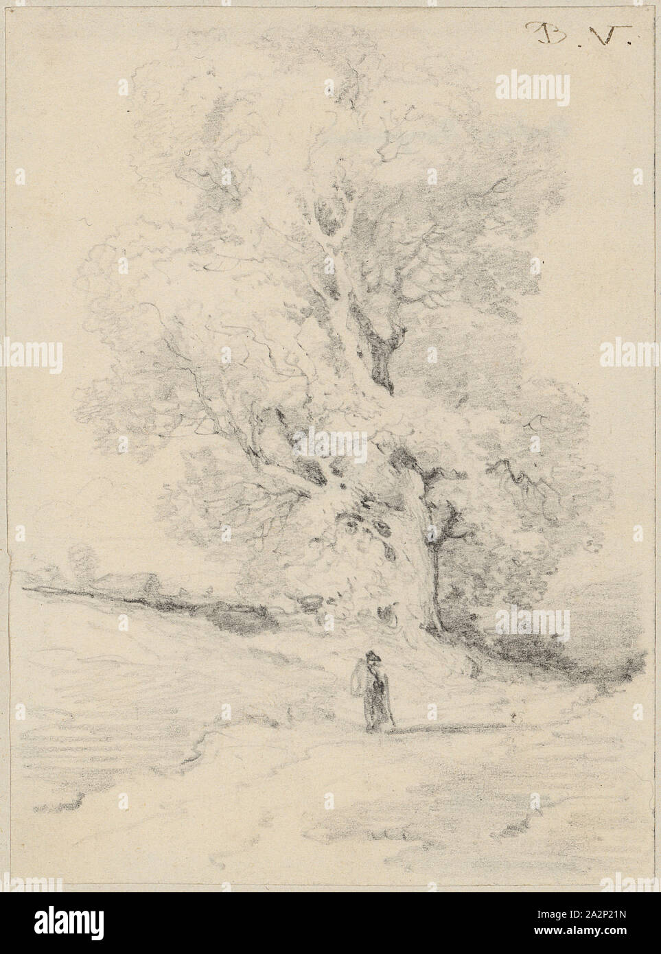 Paesaggio con albero sul modo in cui, matita, foglio: 12.1 x 9.1 cm, il brevetto statunitense n. r., monogrammed con piuma: B.V., Benjamin Vautier d. Ä., Morges/Waadt 1829-1898 Düsseldorf Foto Stock