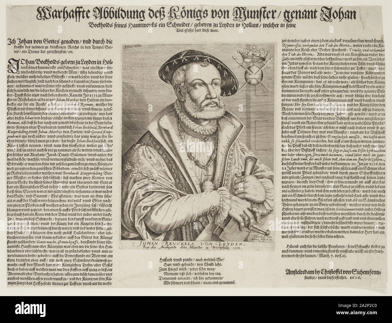 Christoffel van, ho Sichem, Netherlandish, 1546-1624, dopo Jan Cornelisz, non va Woudt, Olandese, 1570-1615, Beuckels Johan van Leyden, ca. 1605, incisione stampate con inchiostro nero su carta vergata, Piastra: 7 3/8 x 5 1/2 pollici (18,7 × 14 cm Foto Stock