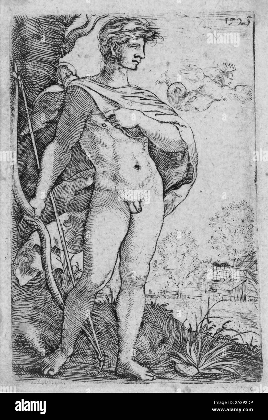 Barthel Beham, Tedesco, 1502-1540, Hercules con arpie, 1525, incisione stampate con inchiostro nero su carta vergata, Piastra: 2 1/2 × 1 3/4 pollici (6,4 × 4,4 cm Foto Stock