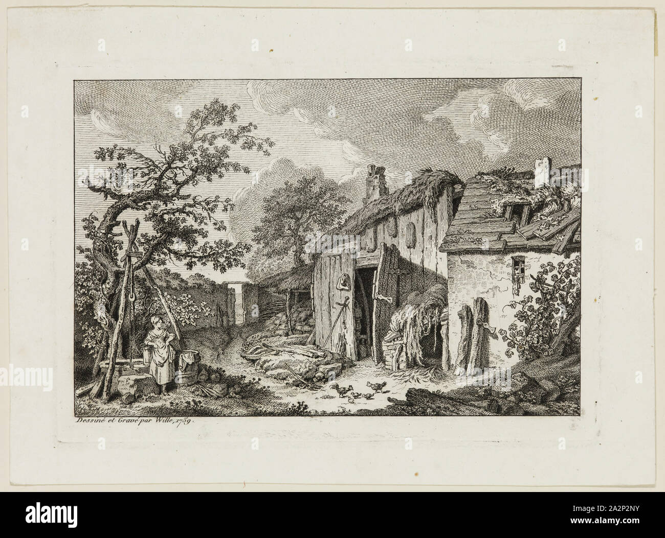 Johann Georg Wille, Tedesco, 1715-1808, cottage rustico, 1759, incisione stampate con inchiostro nero su carta intessuta, Piastra: 4 1/2 × 6 3/8 pollici (11,4 × 16,2 cm Foto Stock