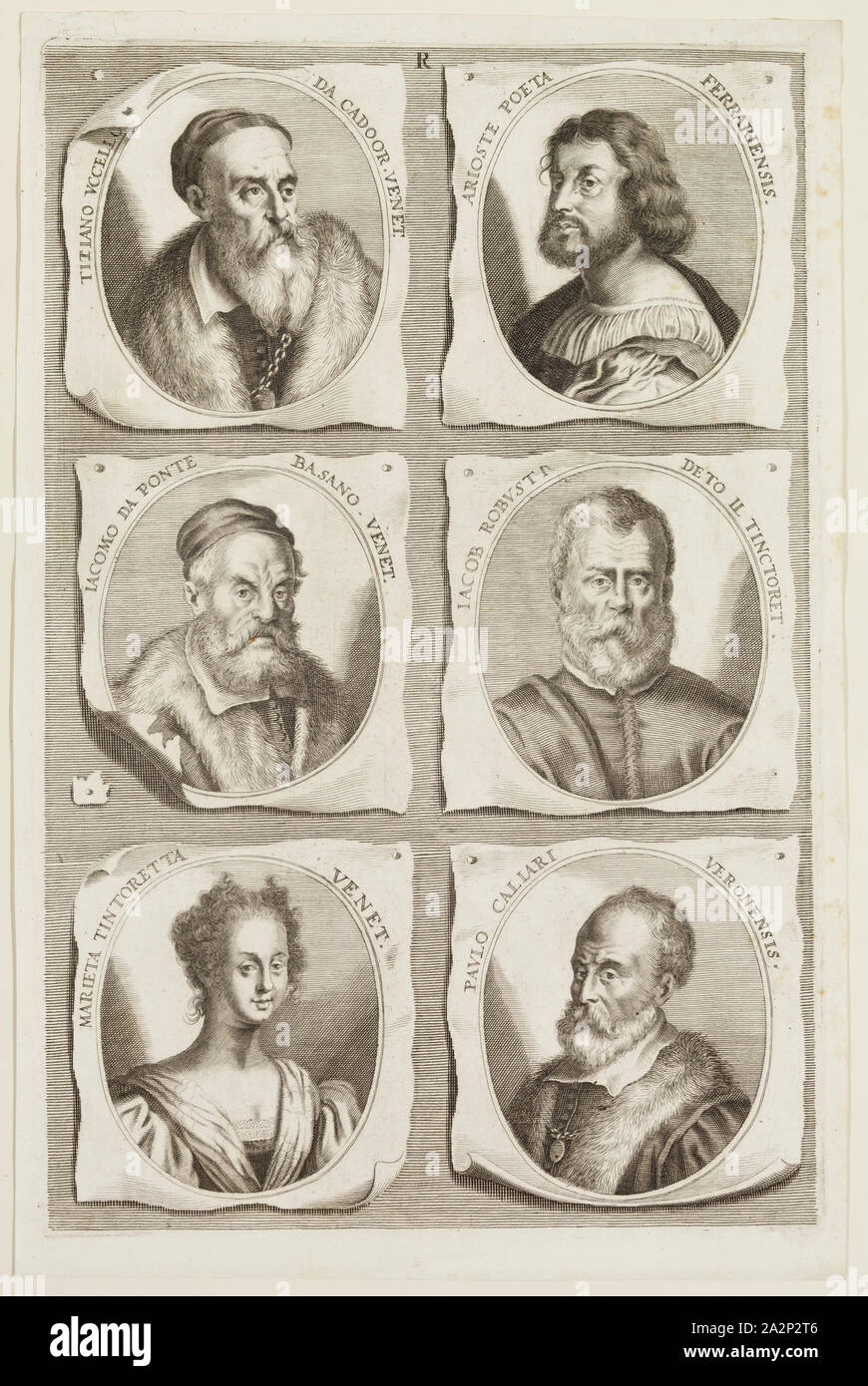 Jacob Von Sandrart, Tedesco, 1630-1708, ritratti di Tiziano, Giacomo da Ponte, Ludovico Ariosto, Tintoretto, Marietta Tintoretta, e Paolo Caliari, ca. 1683, incisione stampate con inchiostro nero su carta vergata, Piastra: 12 3/8 × 8 1/8 pollici (31,4 × 20,6 cm Foto Stock