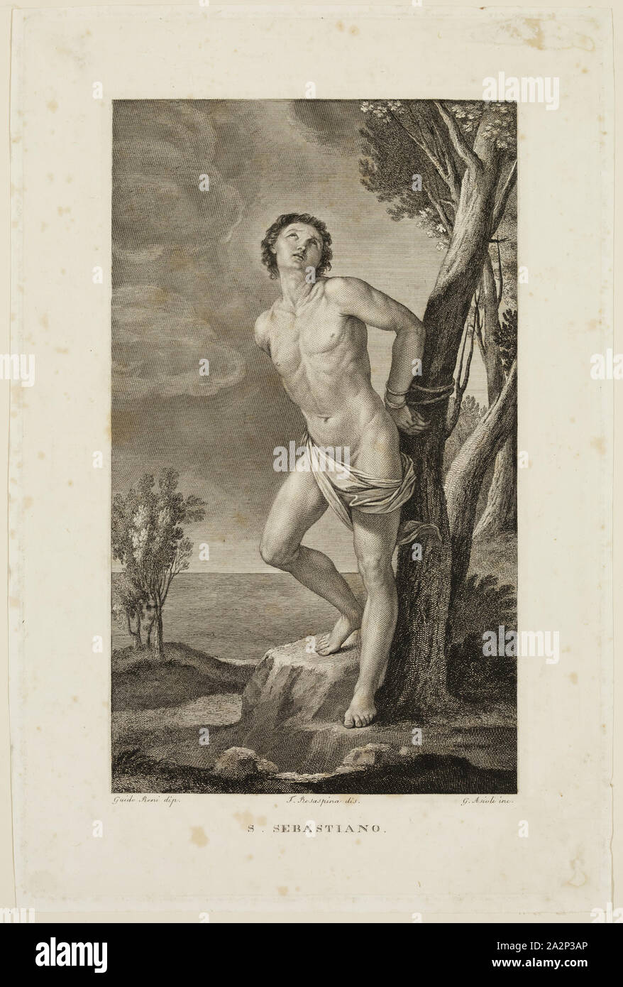 Giuseppe Asioli, Italiano, 1783-1845, dopo di Guido Reni, Italiano, 1575-1642, San Sebastian, tra 1800 e 1845, incisione stampate con inchiostro nero su carta intessuta, Piastra: 12 1/4 x 8 pollici (31,1 × 20,3 cm Foto Stock