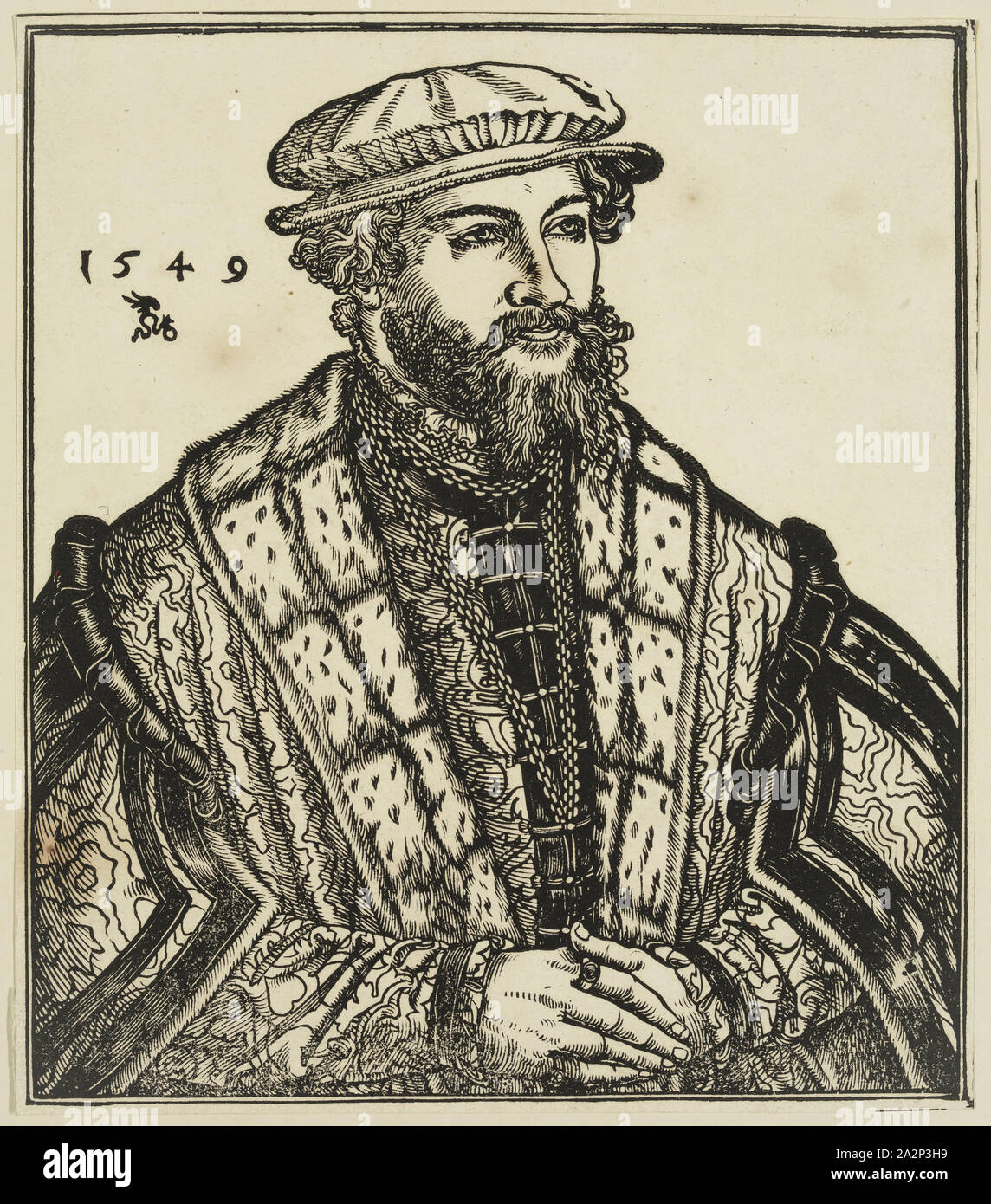 Lucas Cranach il giovane tedesco, 1515-1586, Dr. Christian Bruck, chiamato Pontanus, 1549, xilografia stampate con inchiostro nero su carta intessuta, immagine e foglio: 7 1/8 × 6 1/8 pollici (18,1 × 15,6 cm Foto Stock