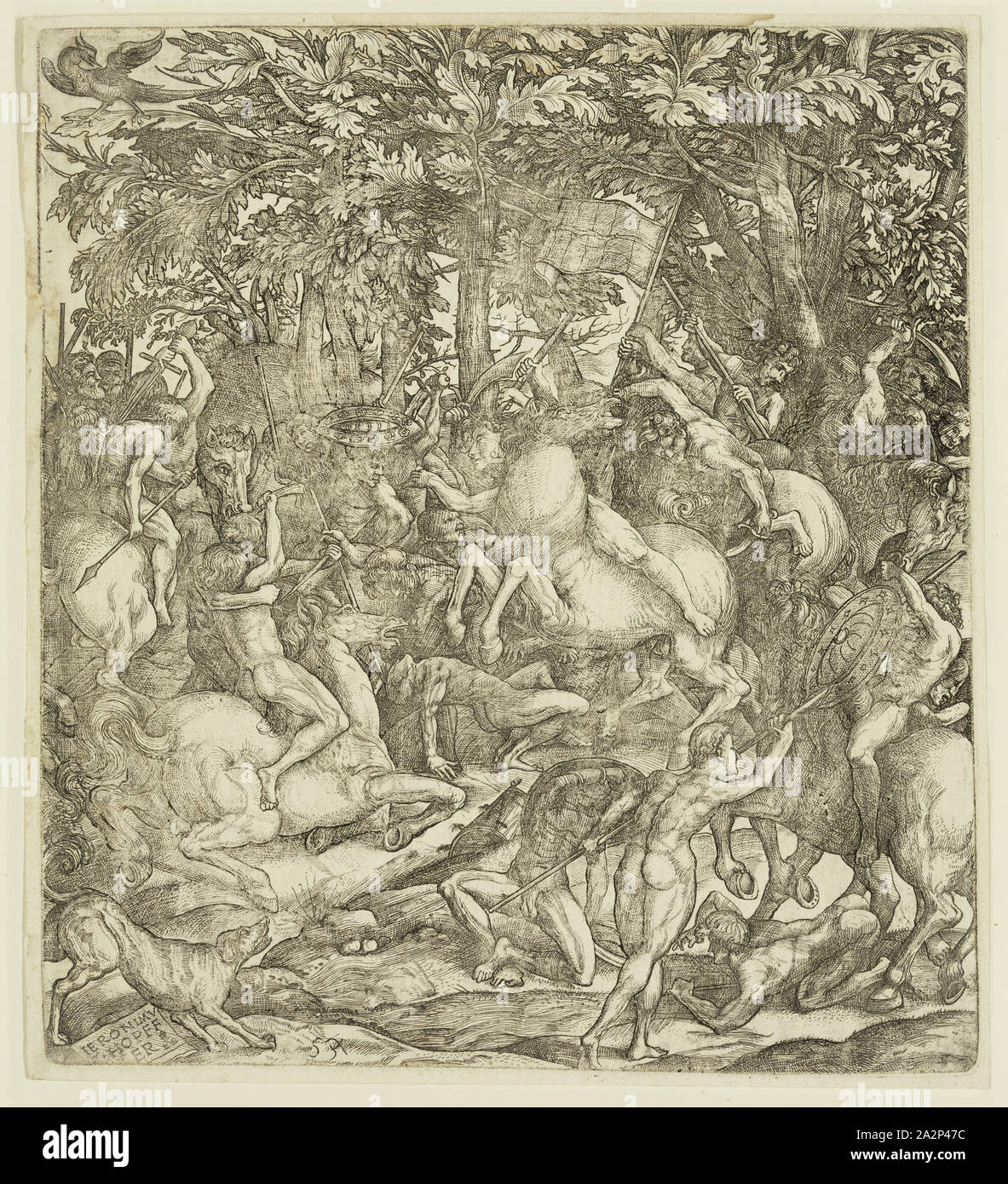 Hieronymus Hopfer, Tedesco, active ca. 1520-1530, dopo Domenico Campagnola, Italiano, 1500-1564, il combattimento tra la cavalleria e fanteria, inizi del XVI secolo, attacco stampate con inchiostro nero su carta vergata, Piastra: 9 5/8 x 8 5/8 pollici (24,4 × 21,9 cm Foto Stock