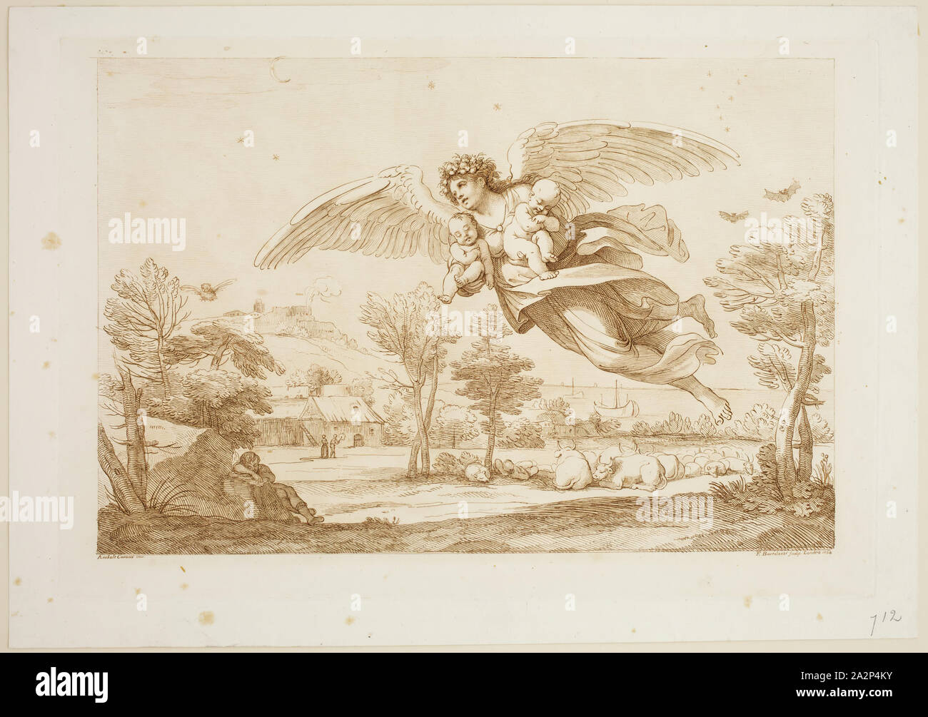 Francesco Bartolozzi, Italiano, 1727-1815, dopo Annibale Carracci, Italiano, 1560-1609, emblema di notte, 1764, incisione stampato in inchiostro marrone su carta intessuta, Piastra: 12 1/4 × 17 7/8 pollici (31,1 × 45,4 cm Foto Stock