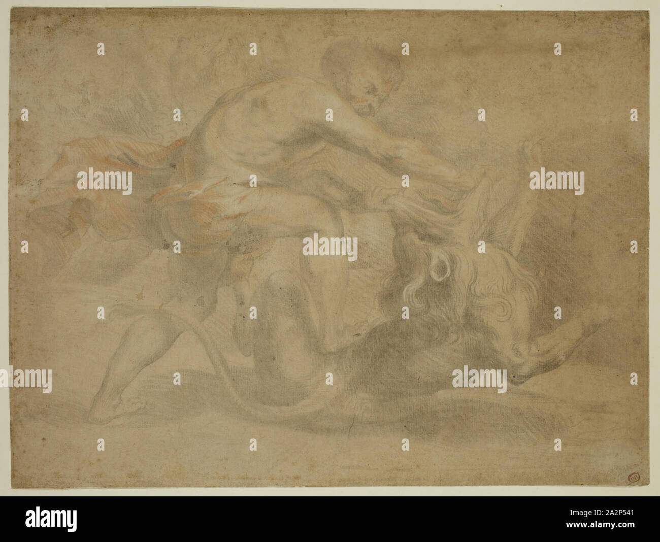 Dopo Peter Paul Rubens, fiammingo, 1577-1640, Sansone Fighting the Lion, tra 1577 e 1640, counterproof del rosso e del nero chalk intensificato con bianco, scolorito su carta vergata, foglio: 8 1/8 × 11 pollici (20,6 × 27,9 cm Foto Stock