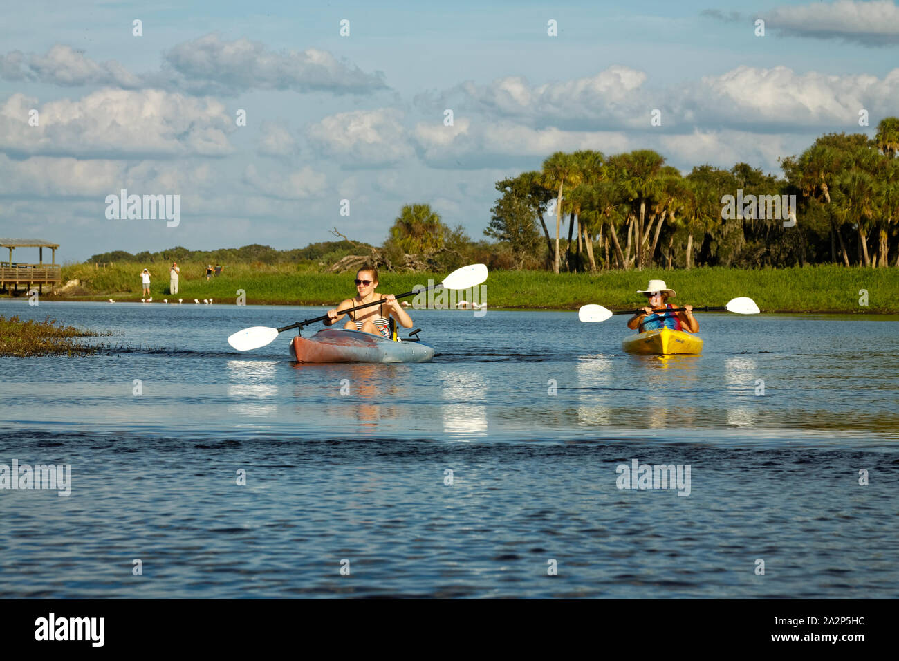 2 donne in kayak o canoa, barche, acqua azzurra, sport e ricreazione,  esercizio, divertente, Myakka River State Park; Sarasota, FL, Florida;  Orizzontale; signor Foto stock - Alamy