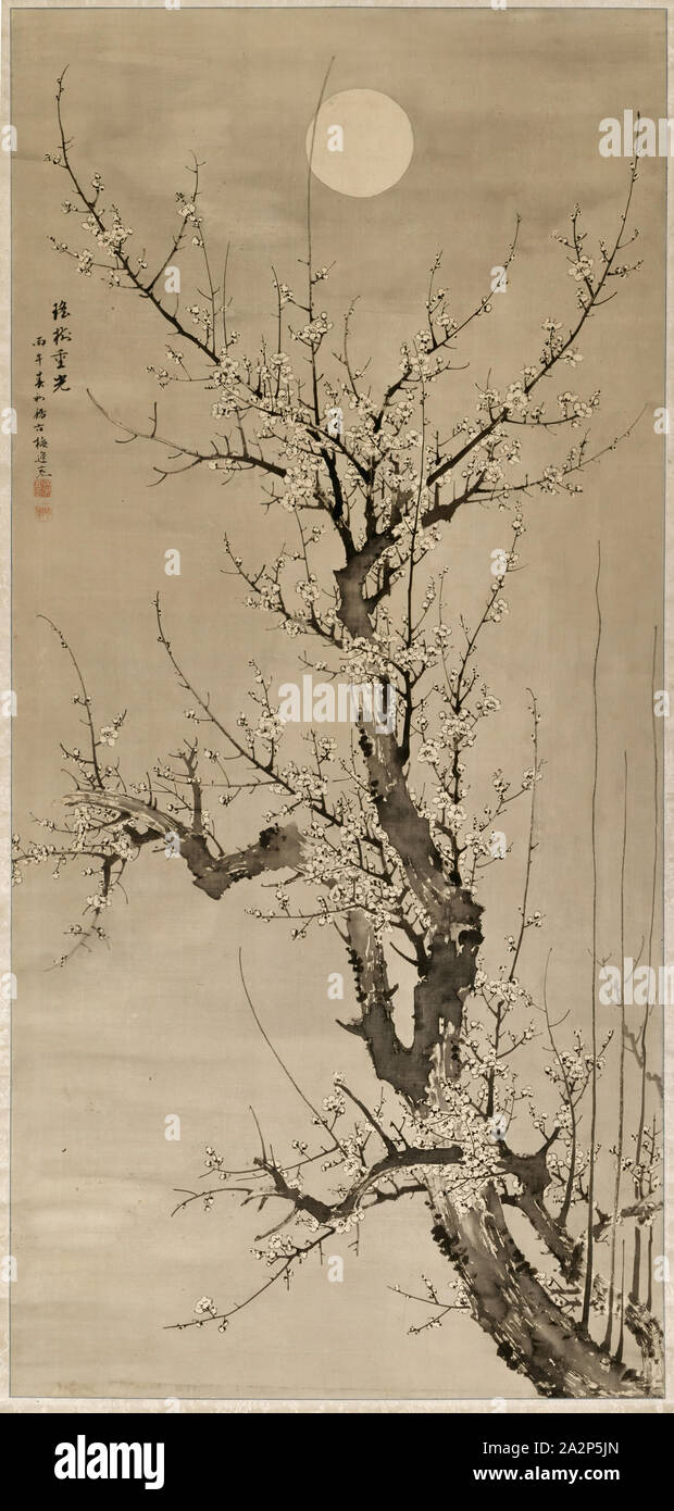 Baiitsu Yamamoto, Giapponese, 1783-1856, Prunus al chiaro di luna, 1846, inchiostro su seta, complessivo: 103 3/4 × 41 3/4 pollici (263.5 × 106 cm Foto Stock