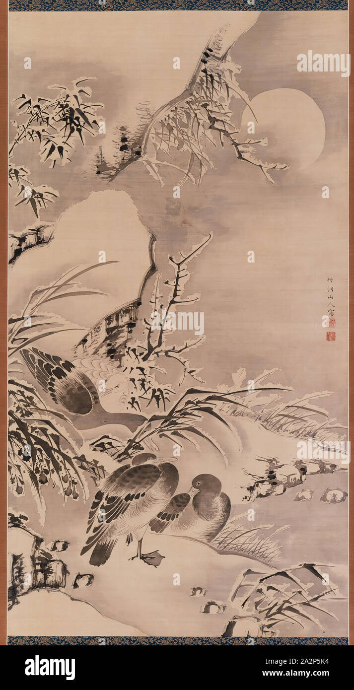 Nakabayashi Chikuto, Giapponese, 1776-1853, Anatre in inverno al chiaro di luna, tra l'inizio e a metà del XIX secolo, inchiostro su seta, complessivo: 96 × 43 3/4 pollici (243,8 × 111,1 cm Foto Stock