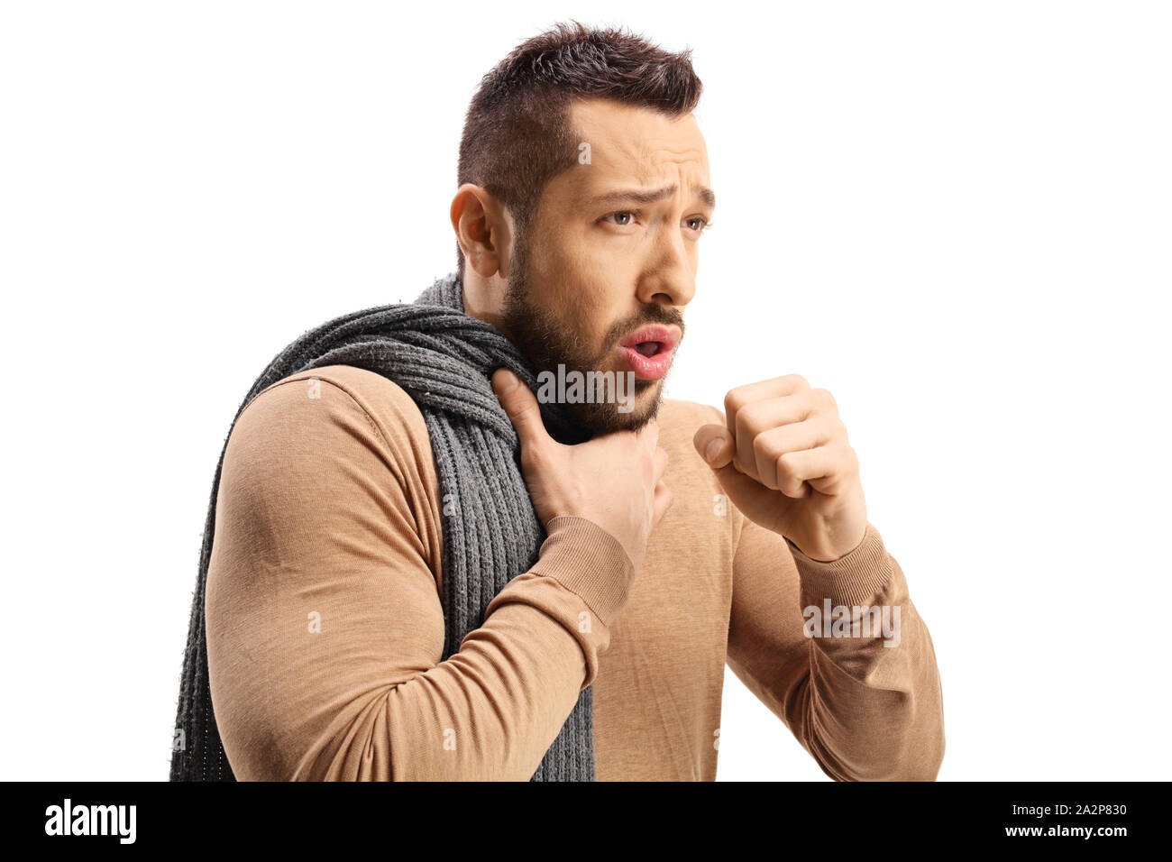 Giovane uomo tosse isolati su sfondo bianco Foto Stock