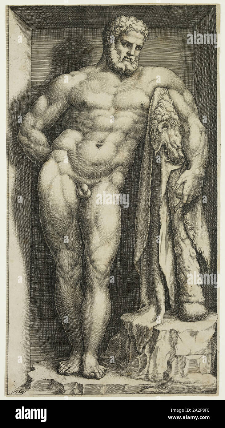 Giorgio Ghisi, Italiano, 1520-1582, il Farnese Hercules, tra 1575 e 1579, incisione stampate con inchiostro nero su carta vergata, Foglio (rifilati all'interno della piastra mark): 12 3/4 x 7 pollici (32,4 × 17,8 cm Foto Stock