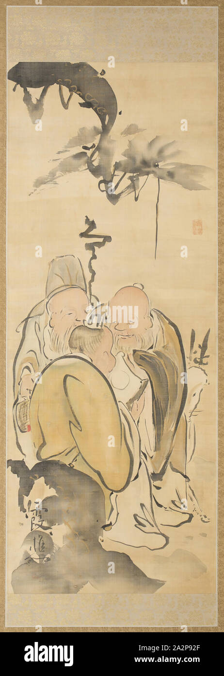 Taiga Ike, Giapponese, 1723-1776, le tre Laughers a Tiger orrido, XVIII secolo, acquerello, oro e inchiostro su seta, complessivo: 72 1/2 × 22 1/8 pollici (184.2 × 56,2 cm Foto Stock