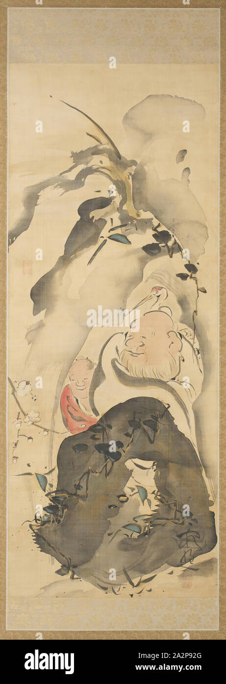 Taiga Ike, Giapponese, 1723-1776, Lin Heqing e fiori di susina, XVIII secolo, acquerello, oro e inchiostro su seta, complessivo: 72 1/2 × 22 1/8 pollici (184.2 × 56,2 cm Foto Stock