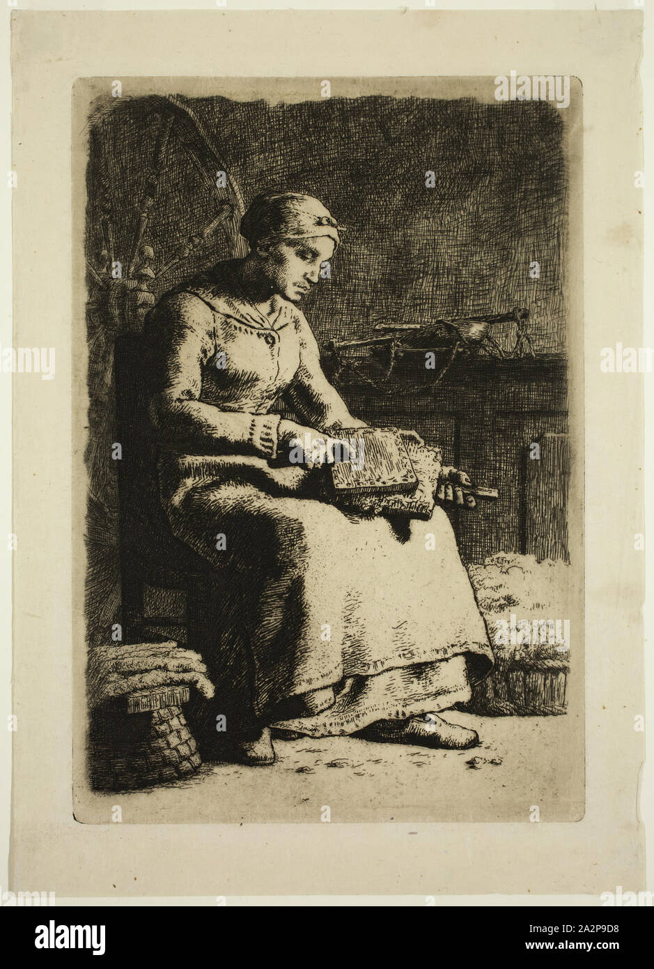Jean-François Millet, Francese, 1814-1875, La Cardeuse, tra il 1855 e il 1856, l'attacco stampate con inchiostro nero su cui il Giappone carta, Piastra: 10 1/8 x 7 pollici (25,7 × 17,8 cm Foto Stock