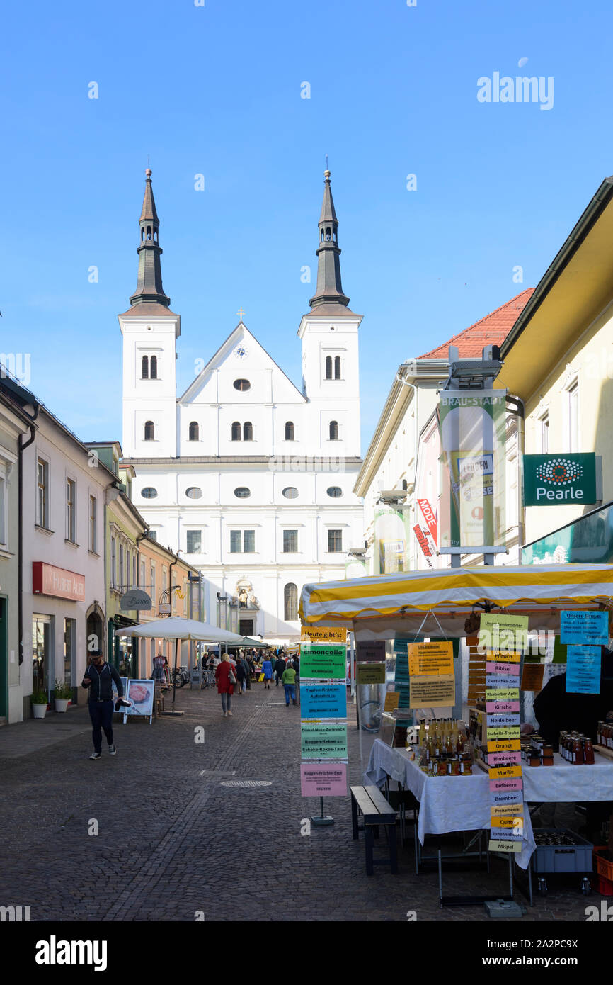 Leoben: Chiesa San Xaver, street Timmersdorfergasse, mercato settimanale Hochsteiermark, Steiermark, Stiria, Austria Foto Stock