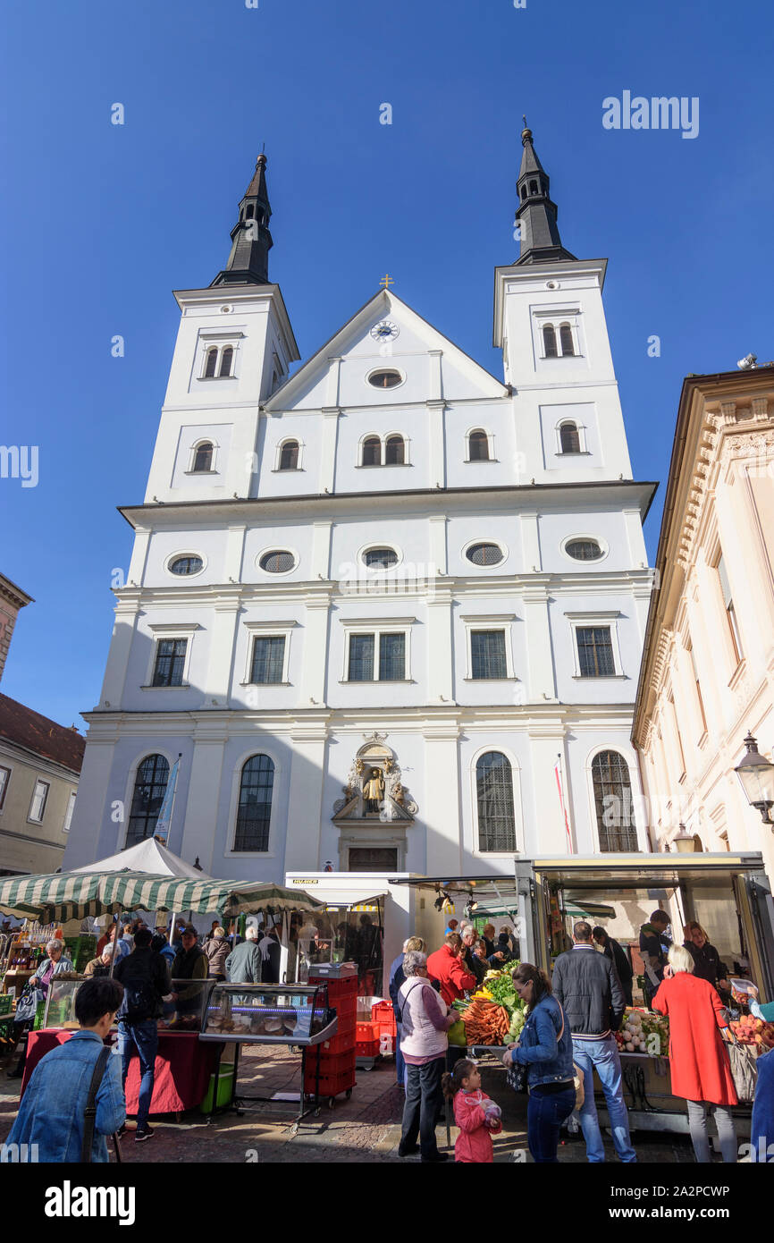 Leoben: Chiesa San Xaver, street Timmersdorfergasse, mercato settimanale Hochsteiermark, Steiermark, Stiria, Austria Foto Stock
