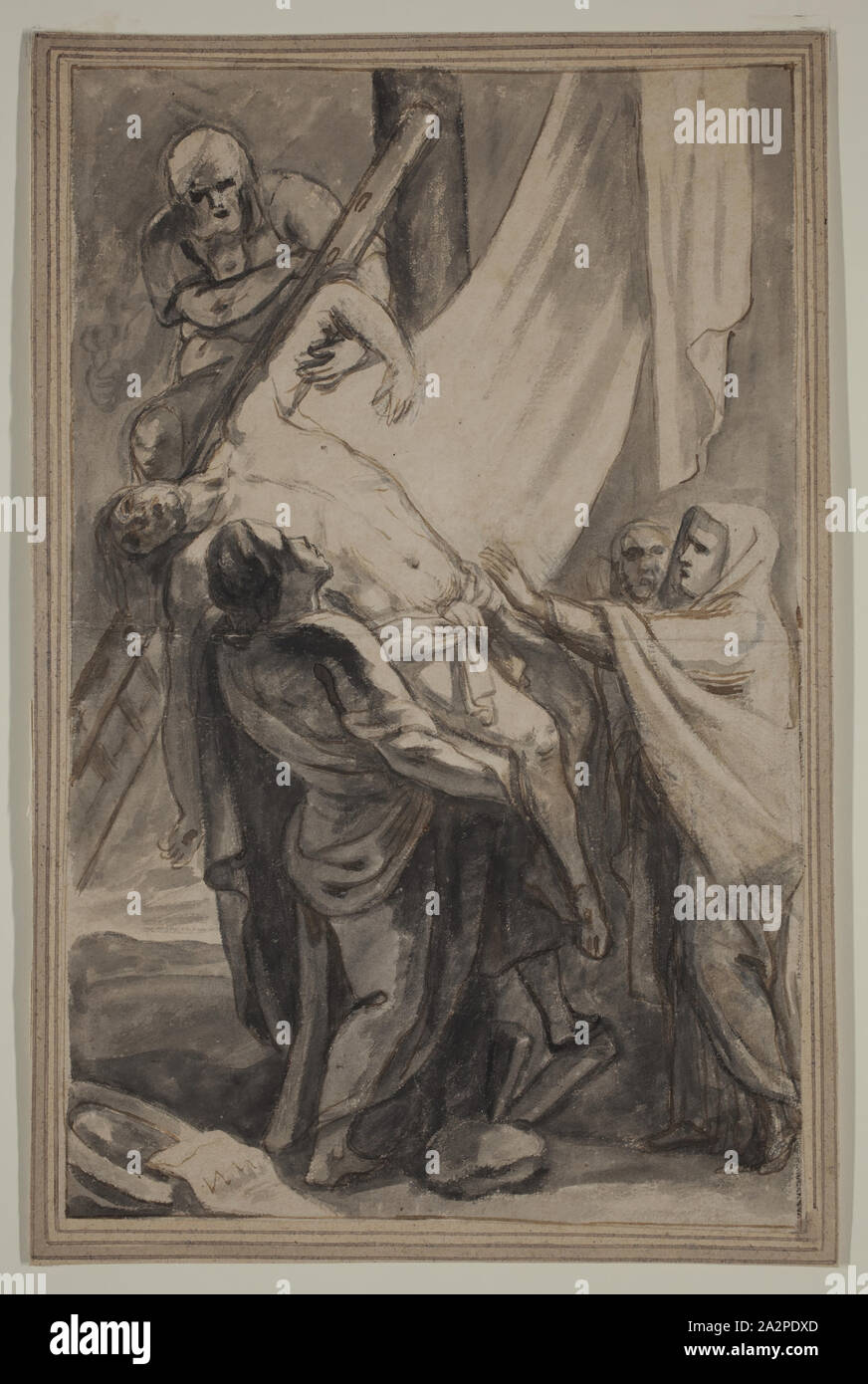 Sconosciuto (fiammingo), la discesa dalla Croce, secolo XVII, penna e inchiostro marrone e grigio lavare accentuato con pennello e inchiostro nero su scolorito carta vergata, foglio: 11 7/8 × 7 1/2 pollici (30,2 × 19,1 cm Foto Stock