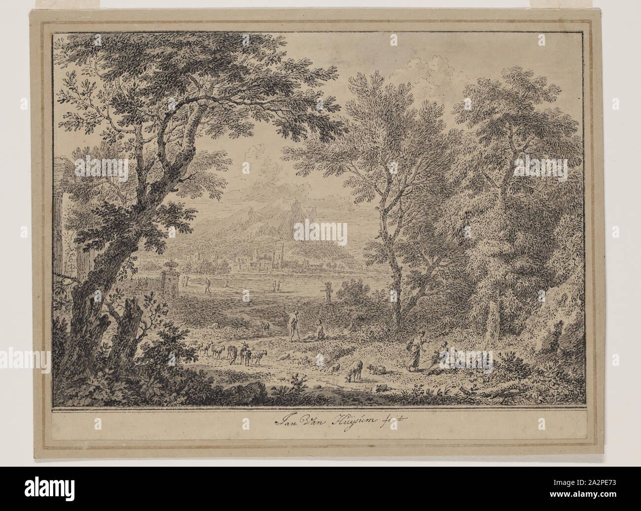 Jan van Huysum, Olandese, 1682-1749, Paesaggio con pastori, tra 1682 e 1749, a penna e in bianco e nero e grigio con inchiostro grigio sul lavaggio scolorito carta vergata, foglio: 5 1/8 × 6 3/4 pollici (13 × 17,1 cm Foto Stock