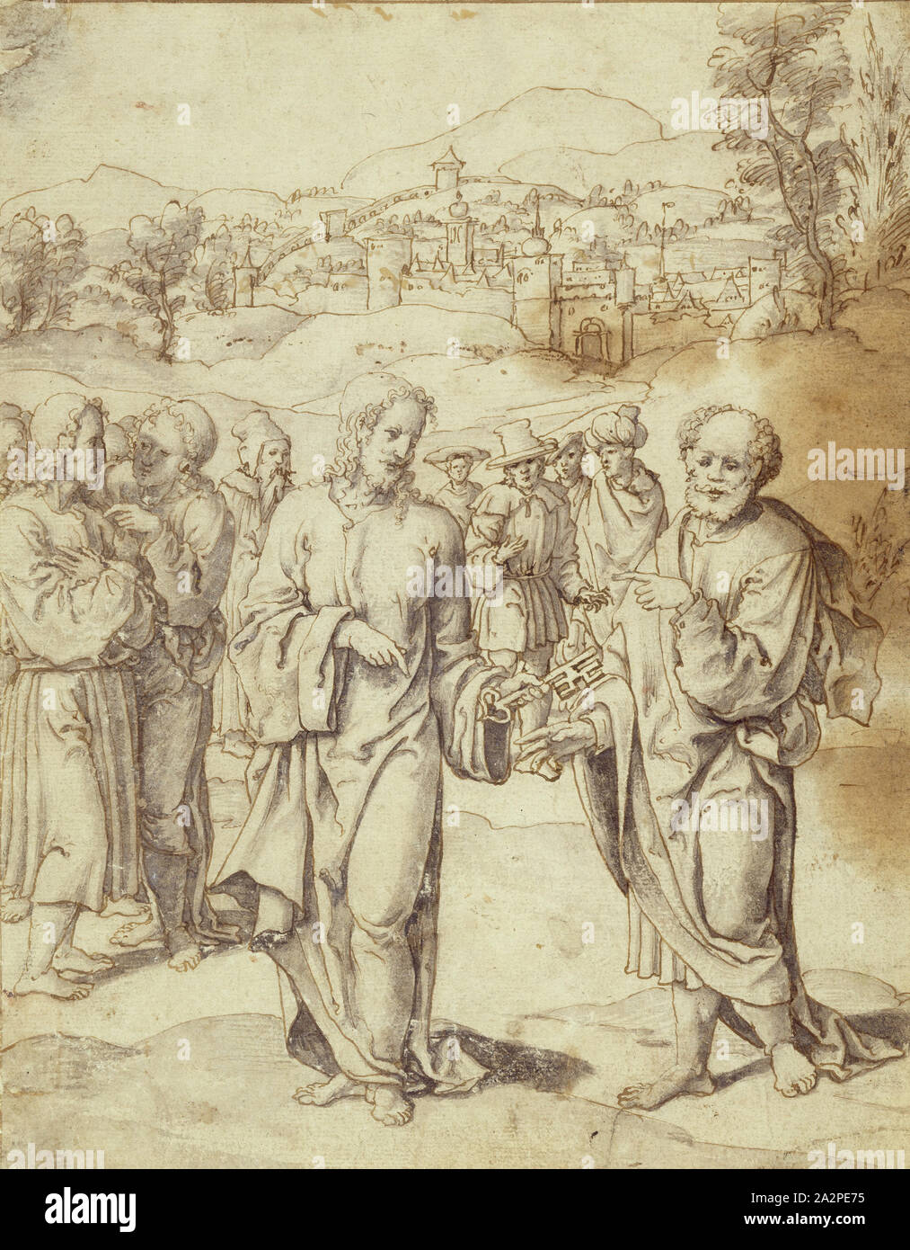 David Joris, Netherlandish, 1501-1556, Cristo che dà le chiavi a San Pietro, tra il 1524 e il 1529, a penna e inchiostro marrone e grigio sul lavaggio scolorito carta vergata, foglio: 9 3/8 × 7 1/2 pollici (23,8 × 19,1 cm Foto Stock