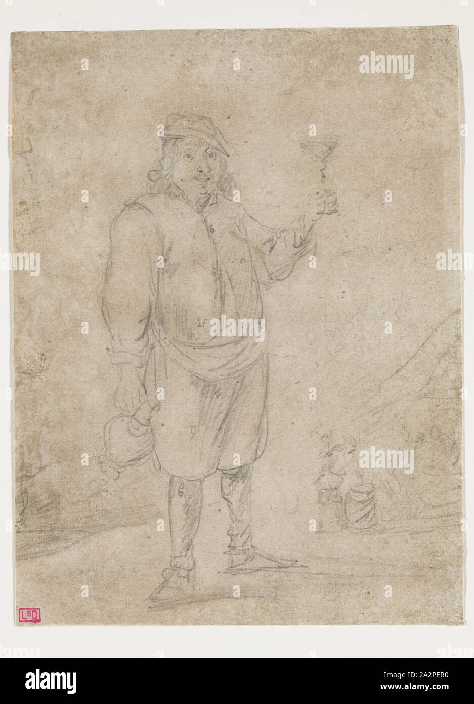 David Teniers il Giovane, fiammingo, 1610 - 1690, contadino sollevando un bicchiere di vino, ca. 1644, grafite matita su scolorito carta vergata, foglio 8 × 6 poll. (20,3 × 15,2 cm Foto Stock