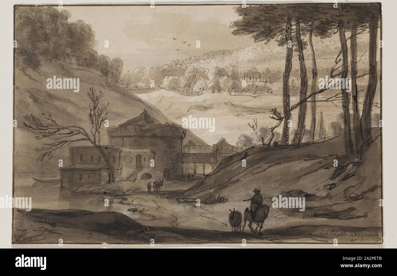Roelandt Roghman, Olandese, 1597-1686, paesaggio con fortezza e un uomo a cavallo, dopo il 1640, a penna e inchiostro marrone e marrone e grigio lava su un disegno preliminare in gesso nero su scolorito carta vergata, foglio: 6 1/8 x 9 1/4 pollici (15,6 × 23,5 cm Foto Stock