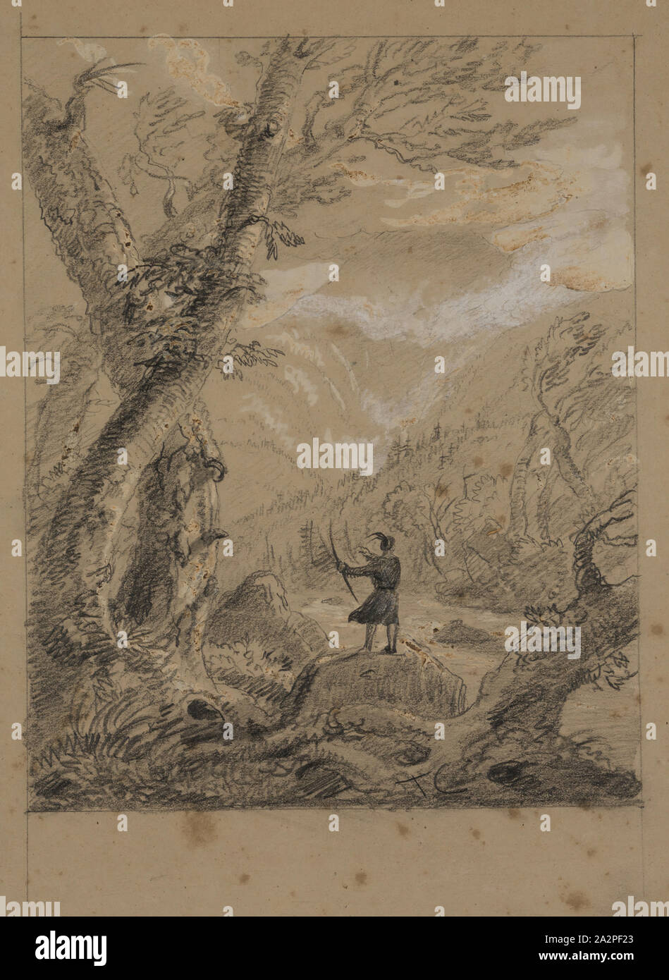 Thomas Cole, Americano, 1801-1848, paesaggio con indiana, del xix secolo, matite di grafite e inchiostro marrone intensificato con gesso bianco su tan carta intessuta, foglio: 12 3/8 × 9 9/16 pollici (31,4 × 24,3 cm Foto Stock