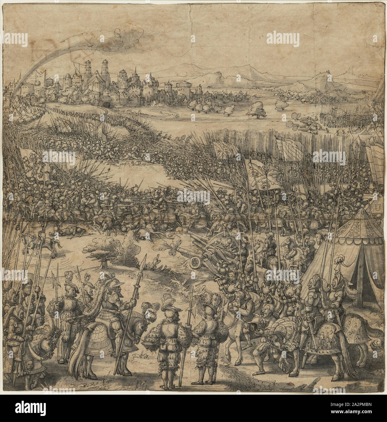 Melchior Feselen, Tedesco, 1495-1538, una scena di battaglia, tra il 1529 e il 1533, la penna e il Pennello e inchiostro nero su scolorito carta vergata, foglio: 12 3/8 × 12 1/8 pollici (31,4 × 30,8 cm Foto Stock