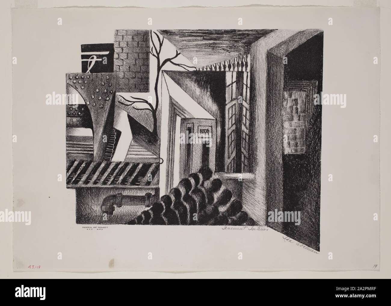 Ida Abelman, americano, 1910 - 2002, Tenement Interno, 1938, litografia stampate con inchiostro nero su carta intessuta, Immagine: 9 5/8 × 11 1/8 pollici (24,4 × 28,3 cm Foto Stock