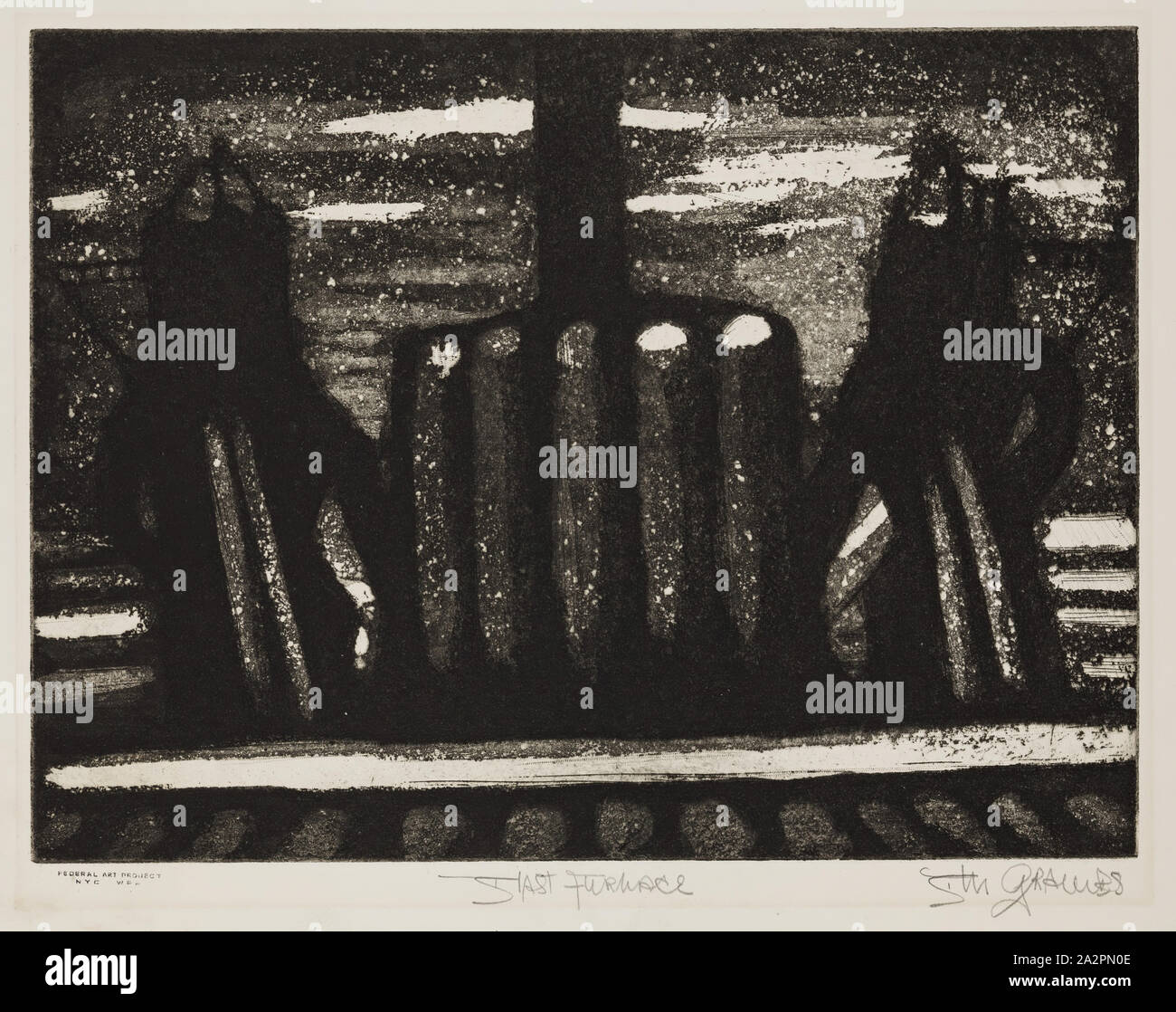 Blanche Grambs, americano, 1916 - 2010, altoforno, ca. 1937, incisione acquatinta, e roulette stampate con inchiostro nero su carta intessuta, Piastra: 9 × 11 7/8 pollici (22,9 × 30,2 cm Foto Stock Blanche Grambs, americano, 1916 - 2010, altoforno, ca. 1937, incisione acquatinta, e roulette stampate con inchiostro nero su carta intessuta, Piastra: 9 × 11 7/8 pollici (22,9 × 30,2 cm Foto Stock
