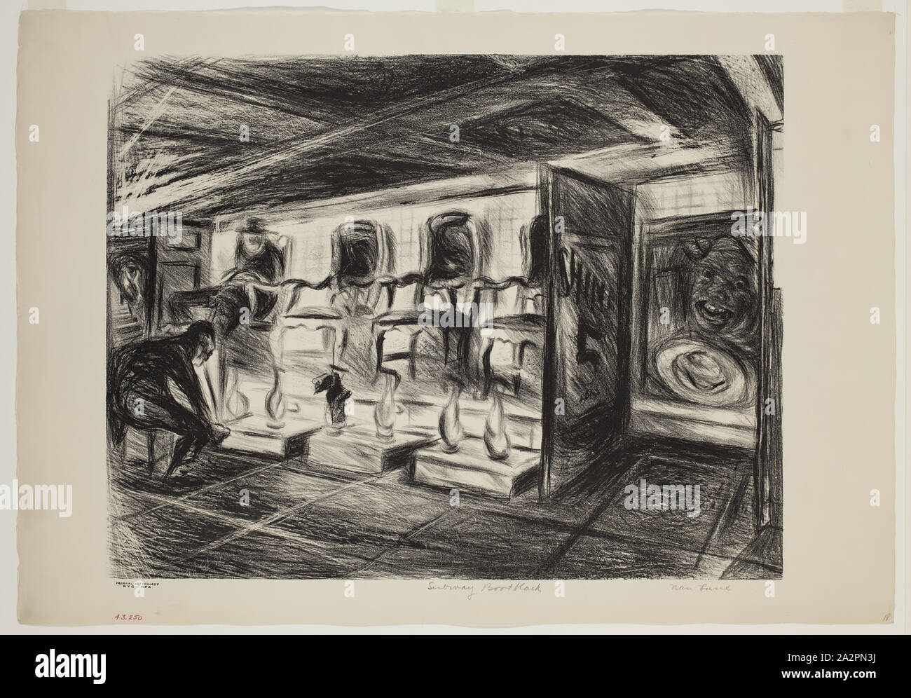 Nan Lurie, Americano, 1910-1985, alla metropolitana Bootblack, ca. 1938, litografia stampate con inchiostro nero su carta intessuta, Immagine: 13 3/4 × 17 5/8 pollici (34,9 × 44,8 cm Foto Stock