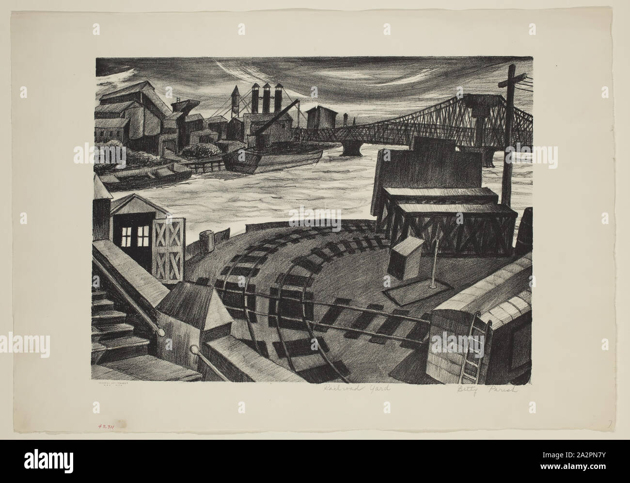 Betty Waldo parrocchia, Americano, 1910-1986, cantiere ferroviario 1937, litografia stampate con inchiostro nero su carta intessuta, Immagine: 12 1/4 × 16 3/4 pollici (31,1 × 42,5 cm Foto Stock