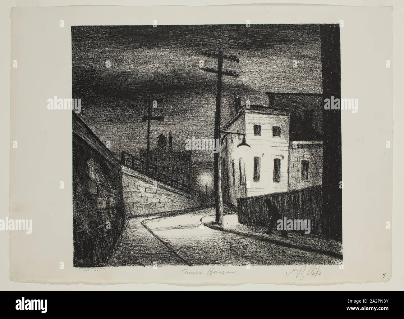 Leonard Pytlak, Americano, 1910-1998, Corner House, ca. 1937, litografia stampate con inchiostro nero su carta intessuta, Immagine: 10 1/8 × 11 1/4 pollici (25,7 × 28,6 cm Foto Stock