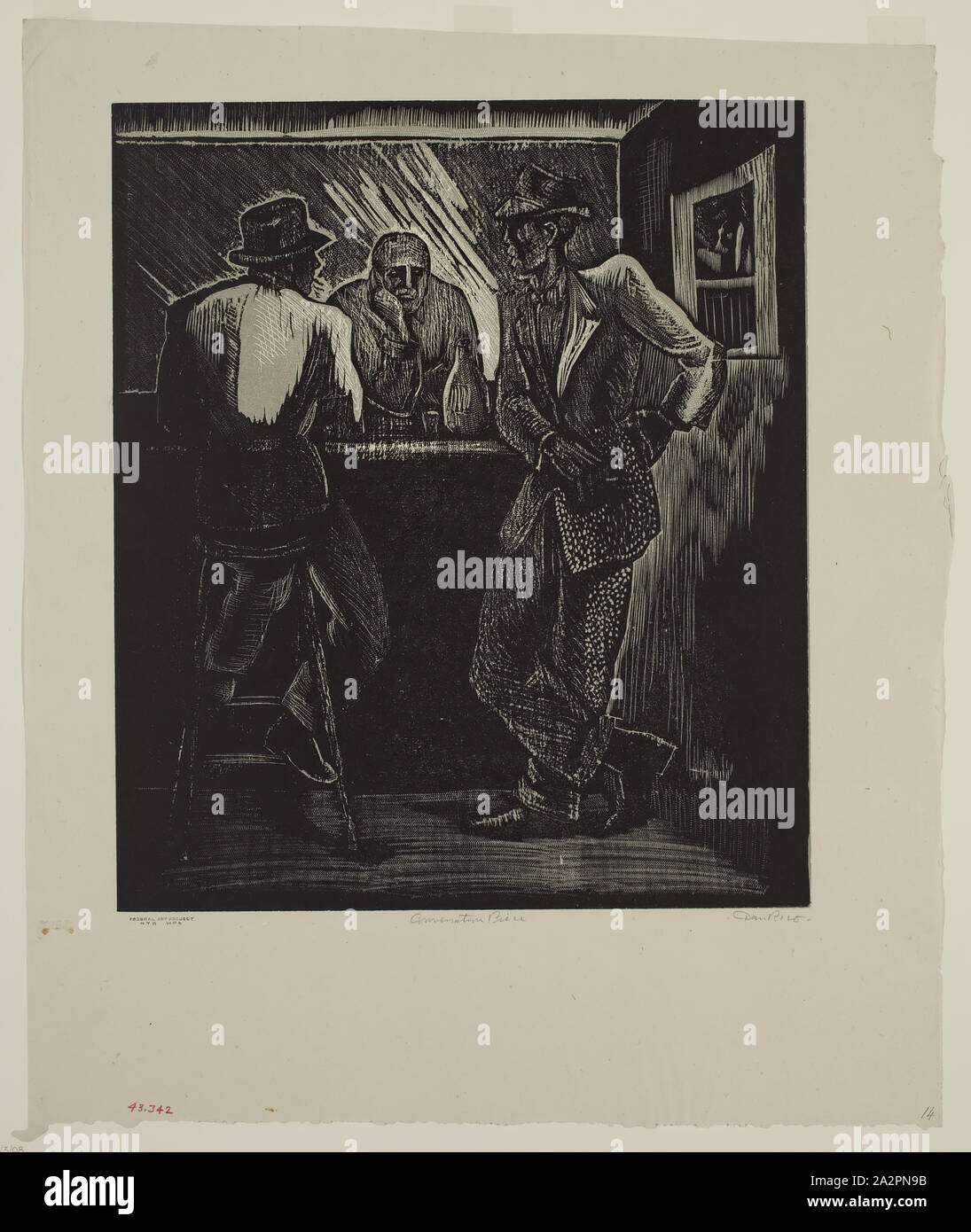 Dan Rico, Americano, 1912-1985, pezzo di conversazione, ca. 1939, incisione su legno stampato a colori inchiostro su cui il Giappone carta, Immagine: 14 × 12 pollici (35,6 × 30,5 cm Foto Stock