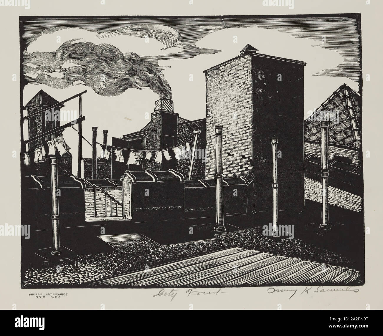 Irving K. Samuels, americano, foresta della città, tra il 1935 e il 1943, incisione su legno stampato in nero su carta intessuta, Immagine: 7 7/8 x 9 7/8 pollici (20 × 25,1 cm Foto Stock