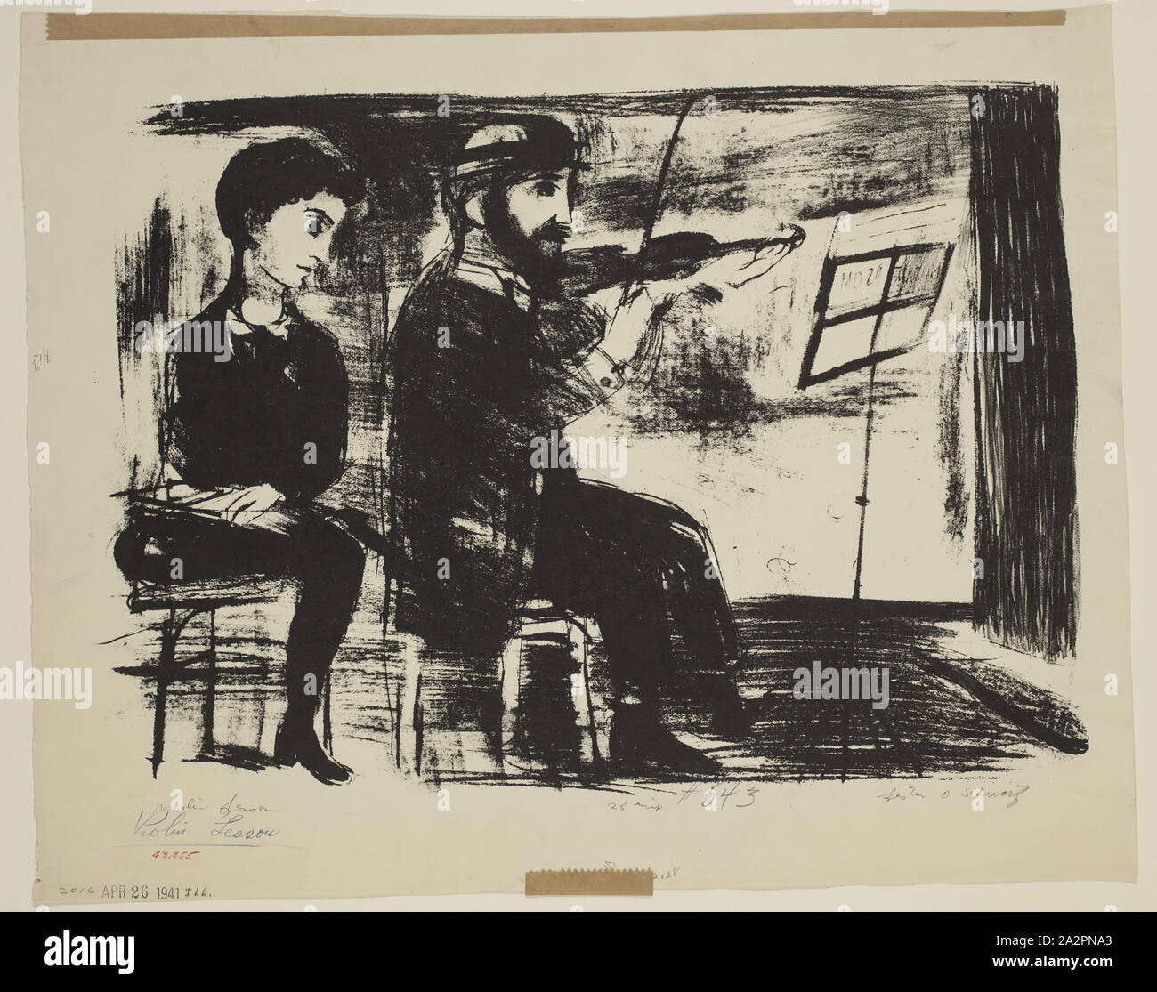 Lester O. Schwartz, Americano, 1912-2005, lezione di violino, ca. 1941, litografia stampate con inchiostro nero su carta intessuta, Immagine: 11 1/4 × 15 7/8 pollici (28,6 × 40,3 cm Foto Stock