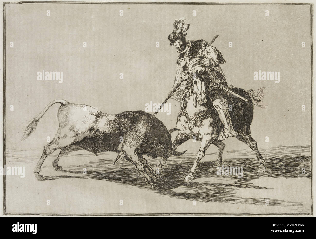 Francisco Goya, Spagnolo, 1746-1828, il Cid Campeador infilzare un altro Bull, 1816, attacco, brunito, acquatinta e bulino stampate in inchiostro marrone su carta vergata, Piastra: 9 7/8 × 13 7/8 pollici (25,1 × 35,2 cm Foto Stock