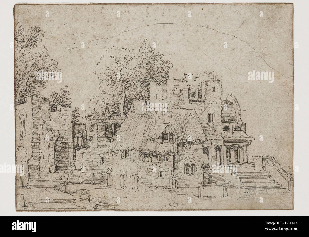 Sconosciuto (fiammingo), le rovine di una chiesa, ca. 1550, a penna e inchiostro nero su scolorito carta vergata, foglio: 3 1/2 x 4 3/4 pollici (8,9 × 12,1 cm Foto Stock