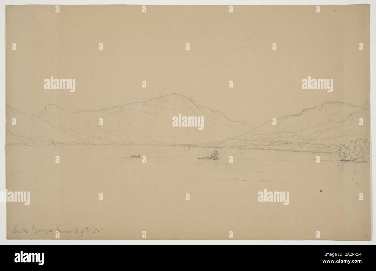 John W. Casilear, Americano, 1811-1893, Lake George, Giugno 29th, 1855, secolo XIX, Grafite su carta, foglio: 9 × 13 7/8 pollici (22,9 × 35,2 cm Foto Stock