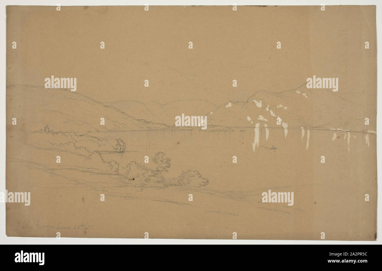 John W. Casilear, Americano, 1811-1893, Lake George, Giugno 28th, 1855, 1855, grafite intensificato con goauche bianco su carta, foglio: 8 3/8 × 13 3/8 pollici (21,3 × 34 cm Foto Stock