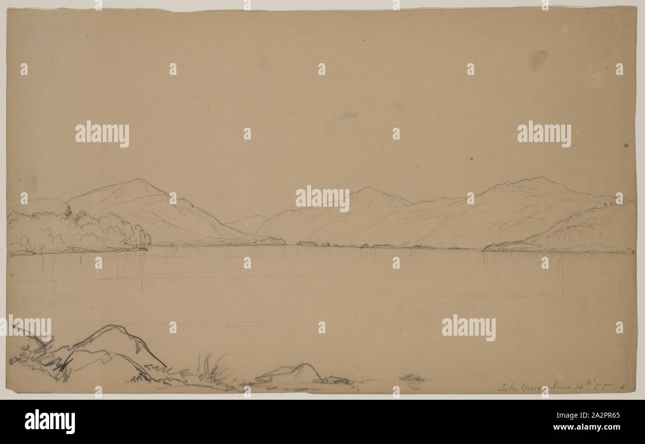John W. Casilear, Americano, 1811-1893, Lake George, Giugno 14, 1855, 1855, Grafite su carta, foglio: 8 5/8 × 14 3/16 pollici (21,9 × 36 cm Foto Stock