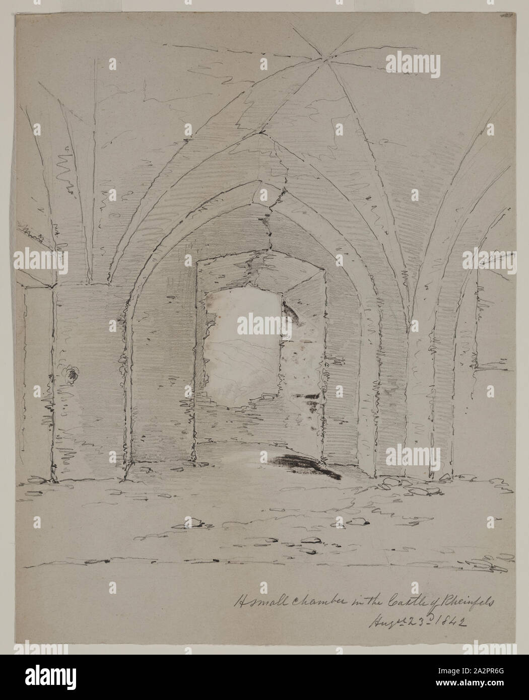 John W. Casilear, Americano, 1811-1893, camera piccola nel castello di Rheinfels, Agosto 23, 1842, 1842, grafite intensificato con goauche marrone su carta, foglio: 9 13/16 × 7 3/4 pollici (24,9 × 19,7 cm Foto Stock