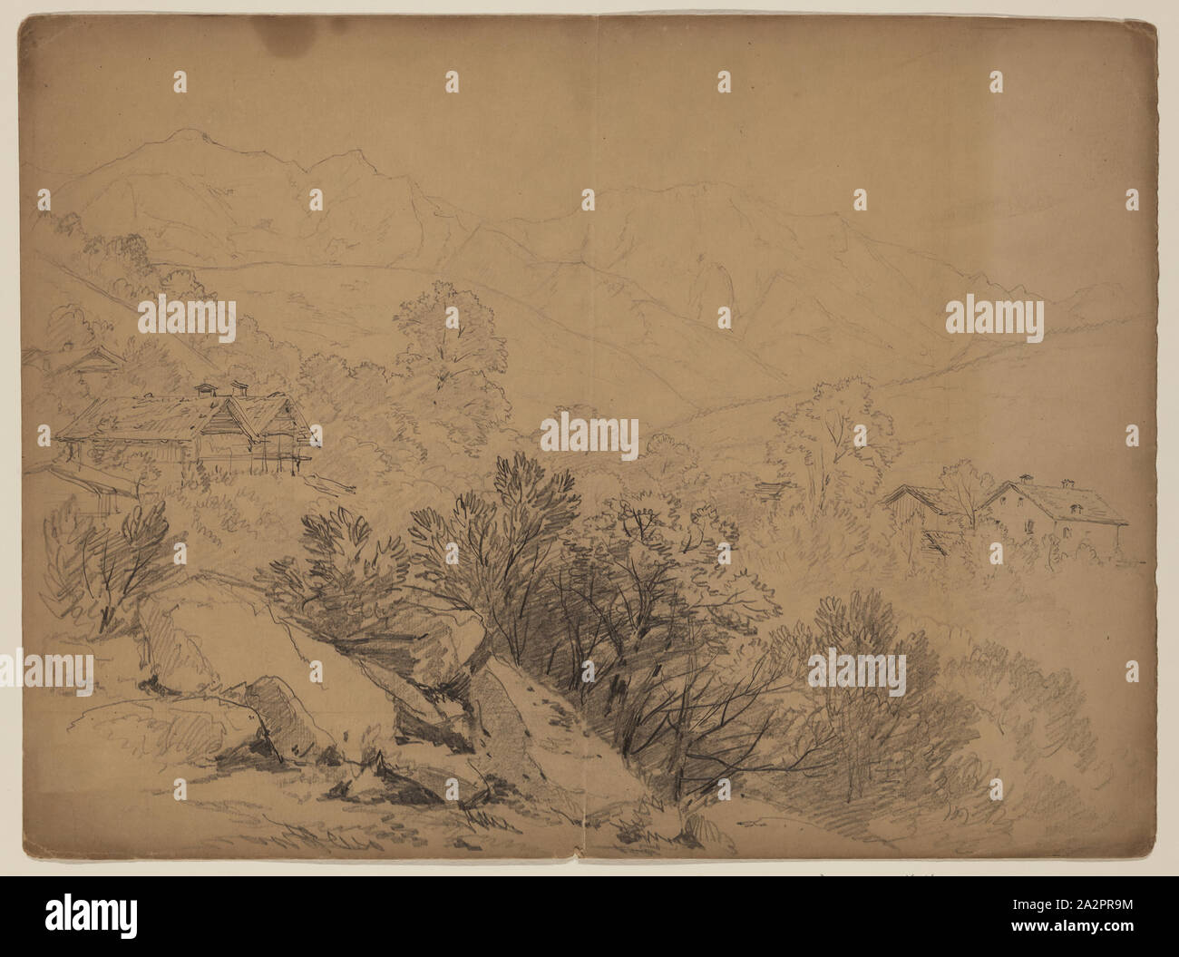 John W. Casilear, Americano, 1811-1893, paesaggio alpino con Chalets, secolo XIX, Grafite su carta, foglio: 10 3/4 × 14 1/2 pollici (27,3 × 36,8 cm Foto Stock