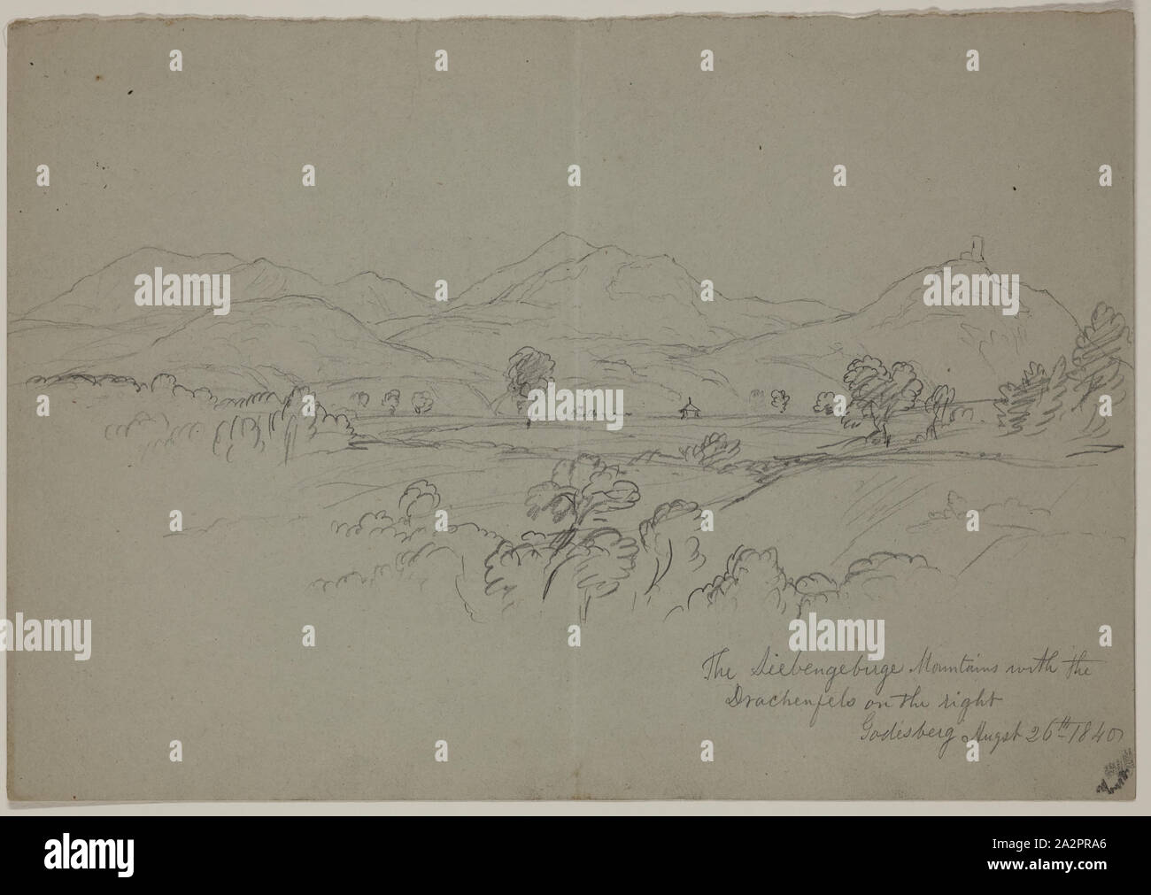 John W. Casilear, Americano, 1811-1893, Siebenbirge montagne con il Drachenfels, Godesberg, Agosto 26, 1840, 1840, Grafite su carta, foglio: 6 13/16 × 9 3/4 pollici (17,3 × 24,8 cm Foto Stock
