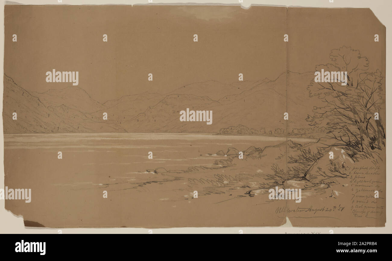 John W. Casilear, Americano, 1811-1893, Ullwater, Agosto 20, 1858, 1858, grafite intensificato con goauche bianco su carta, foglio: 9 13/16 × 16 7/8 pollici (24,9 × 42,9 cm Foto Stock
