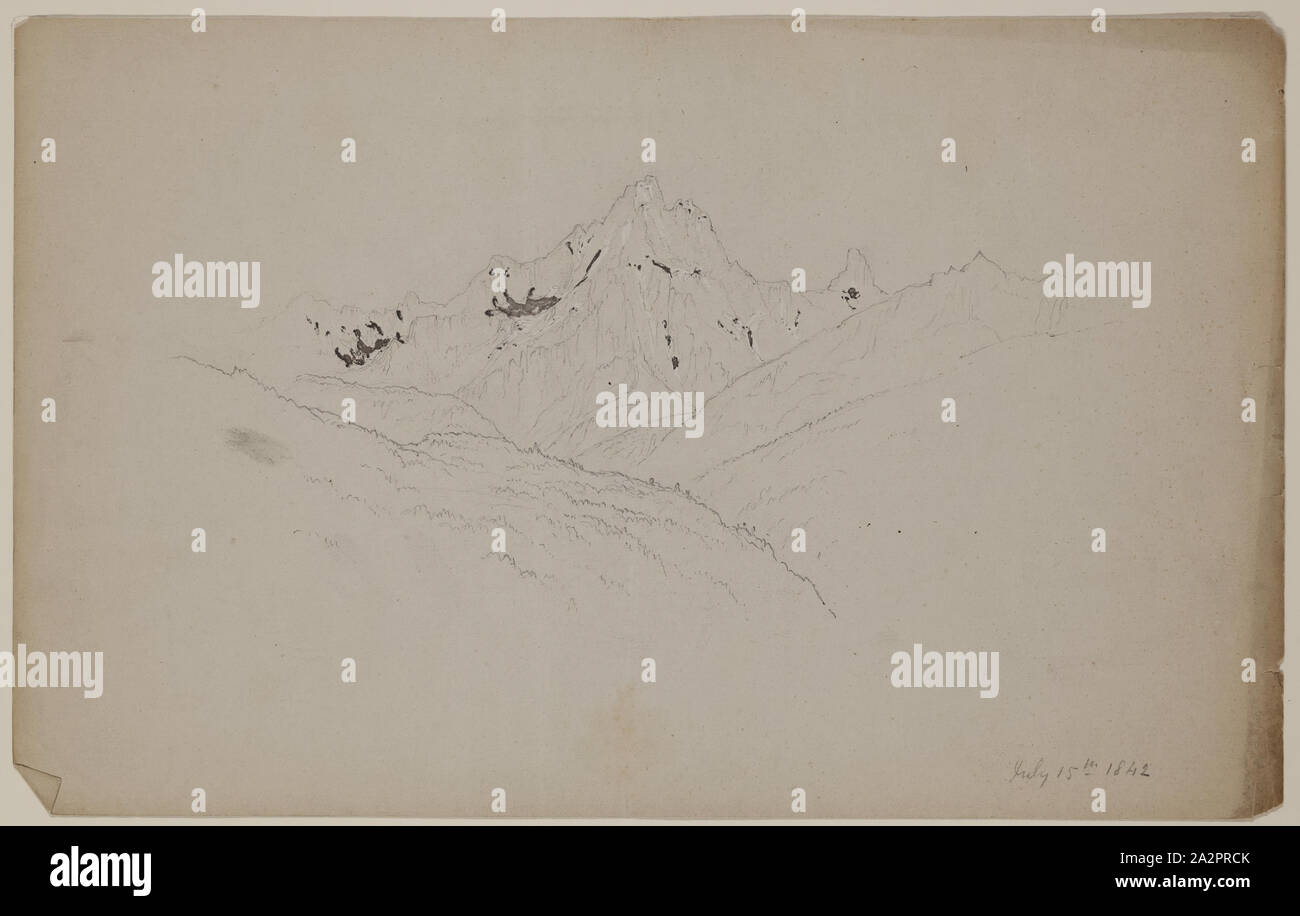 John W. Casilear, Americano, 1811-1893, paesaggio alpino, 1842, grafite intensificato con bianco e marrone di goauche su carta, foglio: 7 7/8 × 12 1/2 pollici (20 × 31,8 cm Foto Stock