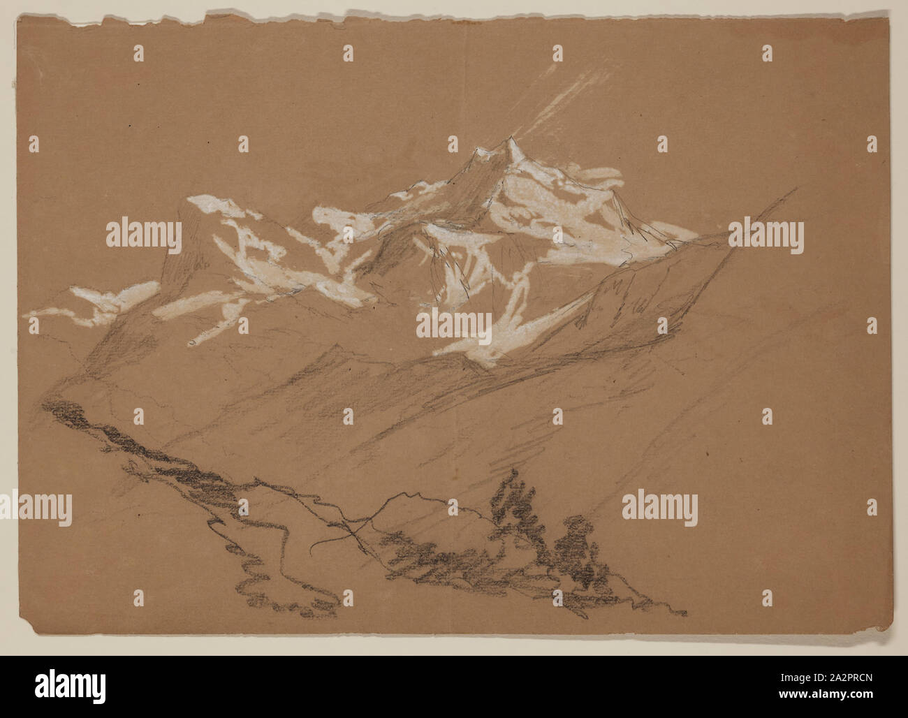 John W. Casilear, Americano, 1811-1893, panorama alpino, secolo XIX, grafite intensificato con goauche bianco su carta, Foglio (irreg.): 7 × 9 15/16 pollici (17,8 × 25,2 cm Foto Stock
