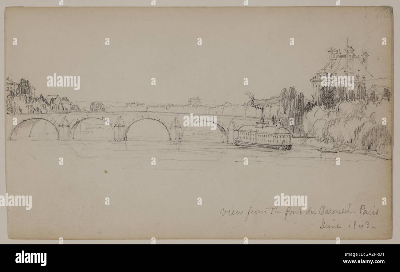 John W. Casilear, Americano, 1811-1893, vista dal Pont du giostra, Parigi, giugno 1843, 1843, Grafite su carta, foglio: 3 11/16 × 6 1/16 pollici (9,4 × 15,4 cm Foto Stock
